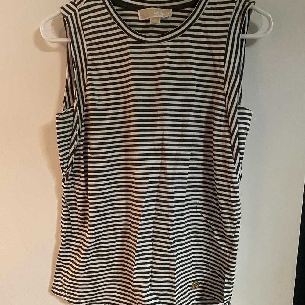 Olive green and white stripped sleeveless shirt.